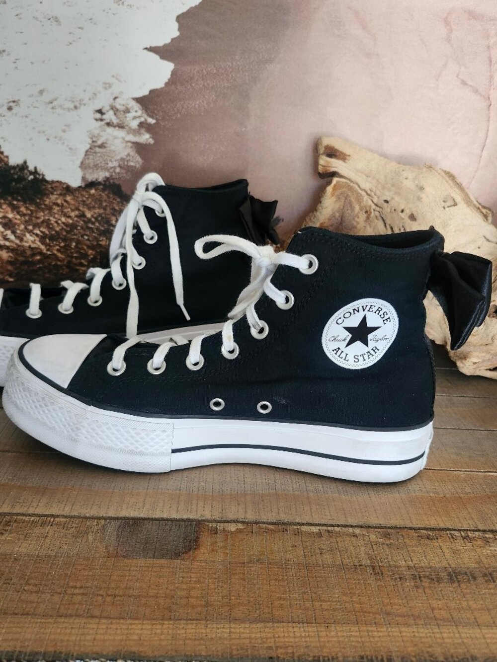 CONVERSE Chuck Taylor All Star Black/White Lift Platform w/Satin Bows 8.5 - Picture 8 of 11